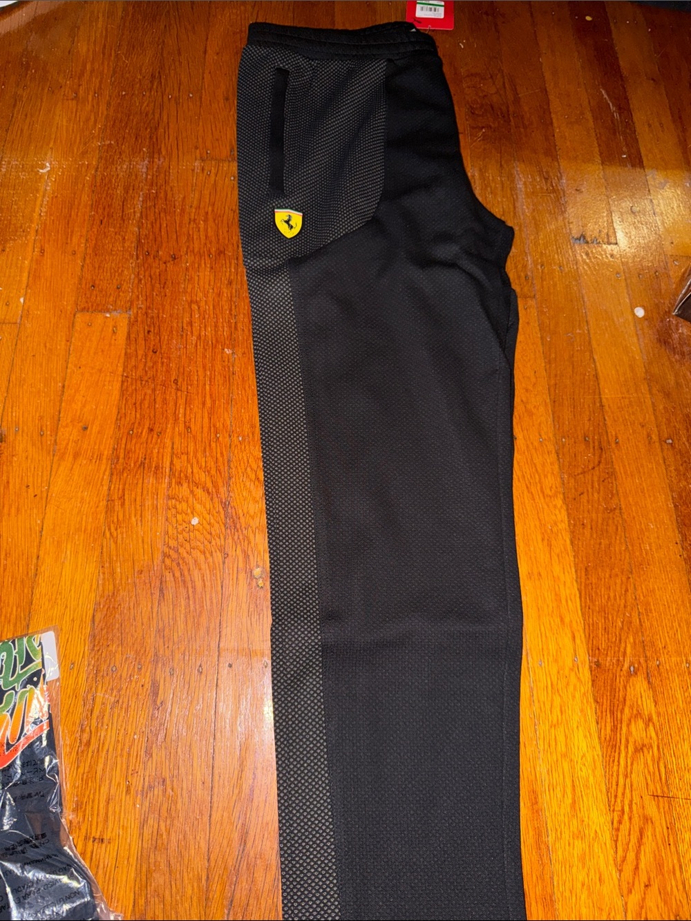 Ferrari Black Men’s Textured Track Joggers with Yellow Shield